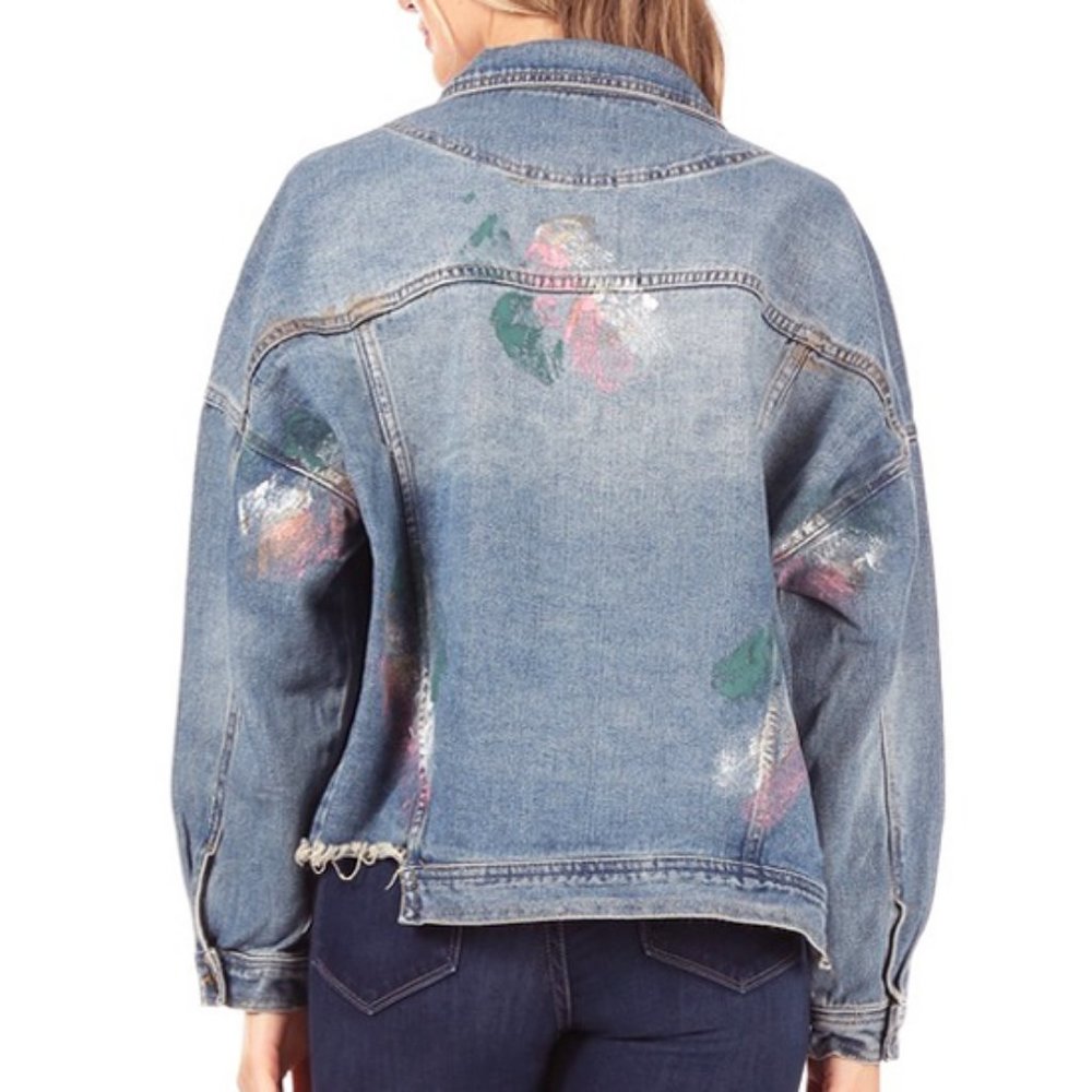 NEW Oversize Retro 70s 80s Paint Splatter Splash Distressed Hem Denim Jacket - Picture 4 of 6